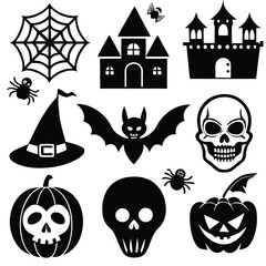 Obraz premium Gothic halloween sticker pack made up of pumpkins, bats, cats, crow, skull, ghosts, graves, spider, web and broom. Different holiday stickers as prints, patterns for graphic or fashion design