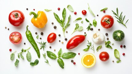 Naklejka premium A colorful array of veggies on white, including bell peppers, tomatoes, lemons, pepperoni, and basil