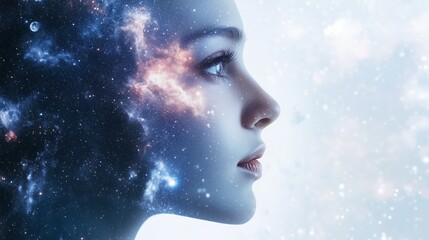 A woman gazes thoughtfully into the cosmos, embodying the beauty of the universe and its mysteries