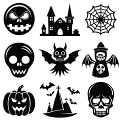 Obraz premium Gothic halloween sticker pack made up of pumpkins, bats, cats, crow, skull, ghosts, graves, spider, web and broom. Different holiday stickers as prints, patterns for graphic or fashion design