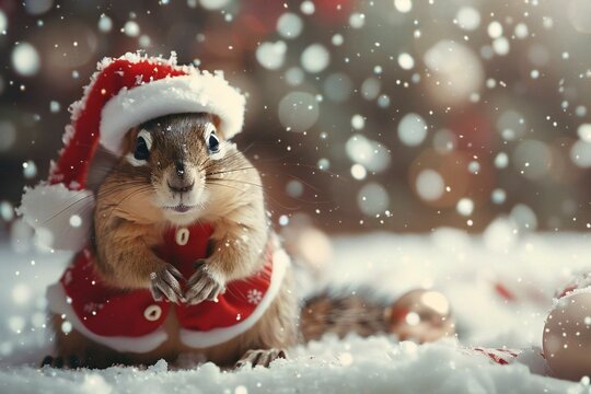 chipmunk dressed in a Santa-inspired outfit playing in the snow, wearing a hat, coat, and cardigan.