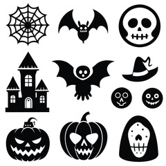 Gothic halloween sticker pack made up of pumpkins, bats, cats, crow, skull, ghosts, graves, spider, web and broom. Different holiday stickers as prints, patterns for graphic or fashion design
