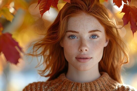 Capturing the beauty of a redhead woman model in seasonal style amidst the colorful leaves of autumn.