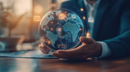 Hand holding a digital globe with glowing icons.