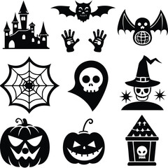 Gothic halloween sticker pack made up of pumpkins, bats, cats, crow, skull, ghosts, graves, spider, web and broom. Different holiday stickers as prints, patterns for graphic or fashion design