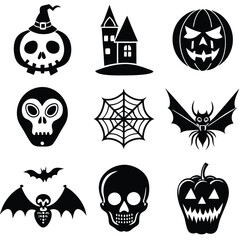 Gothic halloween sticker pack made up of pumpkins, bats, cats, crow, skull, ghosts, graves, spider, web and broom. Different holiday stickers as prints, patterns for graphic or fashion design
