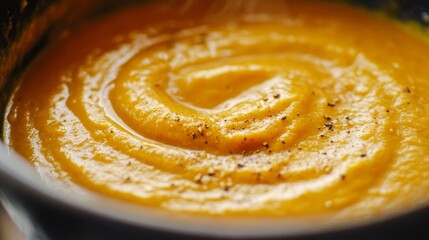 Fototapeta premium A bowl of yellow soup with pepper flakes