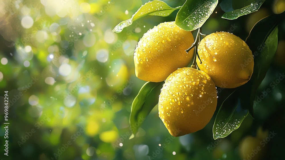 Poster   A cluster of lemons dangling from a tree, adorned with glistening water drops and surrounded by lush green foliage