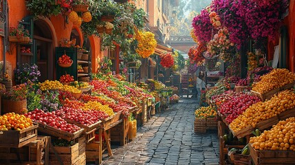 Fototapeta premium A bustling street showcases a diverse array of colorful produce alongside a building adorned with vibrant floral arrangements