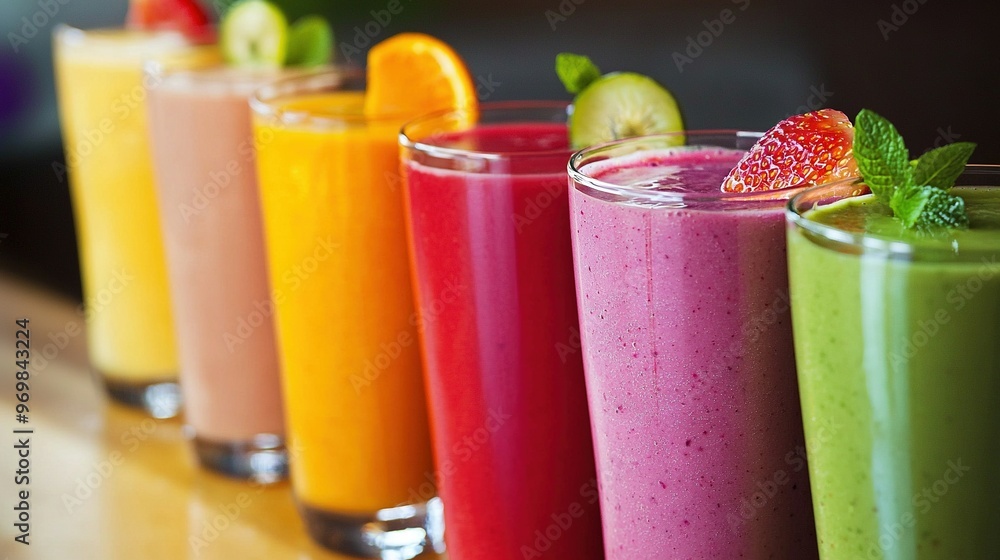 Poster   Smoothies on top of a table with oranges, kiwis and strawberries