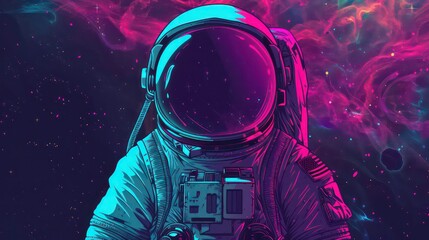 A retro-futuristic astronaut with a US flag on their shoulder stands in front of an abstract cosmos.