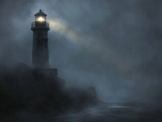 A Lone Lighthouse Illuminates the Foggy Coastline
