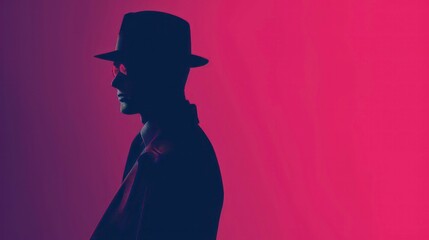Silhouette of a man in a hat and glasses against a purple and pink gradient background.