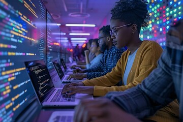 photo of a diverse team of professionals working together on laptops, coding and discussing cybersecurity measures in a modern office setting.