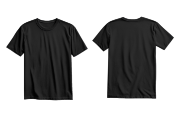 Blank black t shirts mock up template, front and back view two t shirts, isolated on white background.
