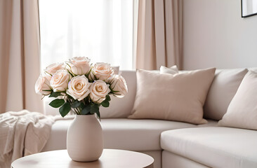 Naklejka premium Beige ceramic vase with a bouquet of roses on the coffee table against the background of the sofa in delicate beige tones.