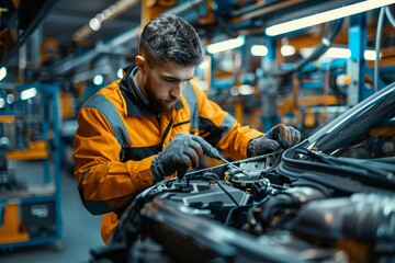 mechanic inspecting and repairing a car in an automotive workshop with tools and parts visible in background.