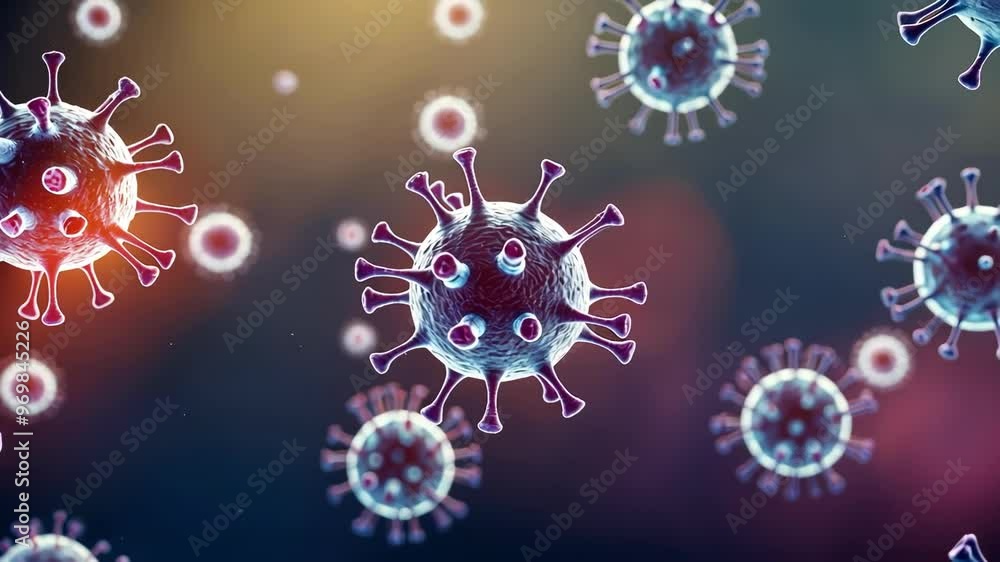 Poster a dynamic visualization of viruses in motion, emphasizing their structure and the biomedical context