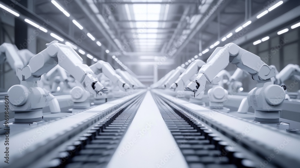 Poster a factory with many robots working on a conveyor belt