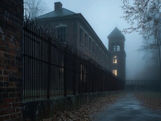 Fototapeta premium Foggy Morning at an Old Brick Building with a Tower
