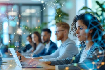 photo of a diverse and dynamic team collaborating in a modern office environment, with abstract geometric shapes and pastel colors creating a blurred background. The image conveys a sense