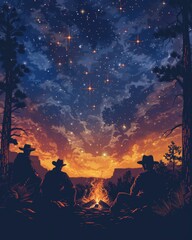 Obraz premium A serene campfire scene under a starry sky, showcasing the beauty of nature and friendship amid a stunning sunset backdrop.