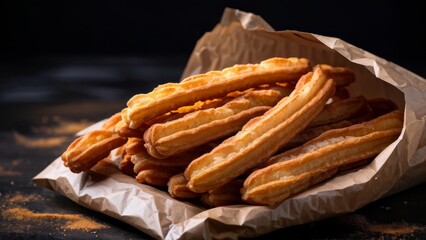 Churros sticks fresh hot in paper bag on dark background with copy space.