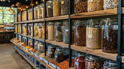 Bulk food section with grains, nuts, and dried fruits