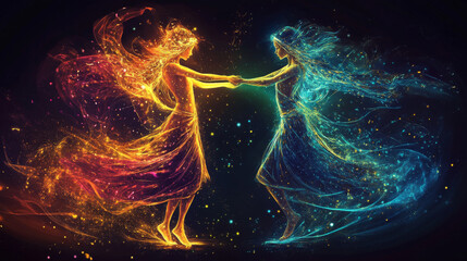 Capture the playful and energetic aspect of Gemini. Show vibrant colors, dynamic poses, or lively interactions that reflect Geminiâ€™s spirited and engaging personality