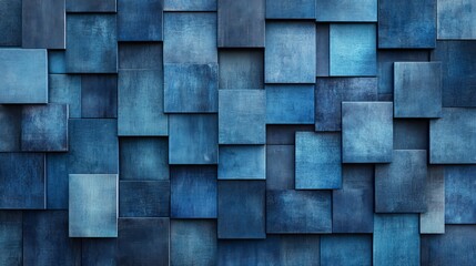 Textured blue wall made of various wooden squares arranged neatly