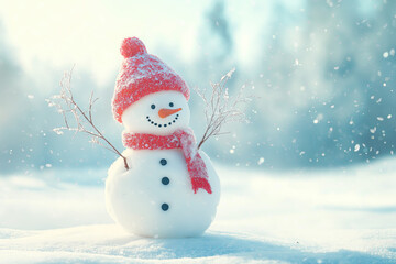 Obraz premium Snowman in the forest. Christmas and new year concept.