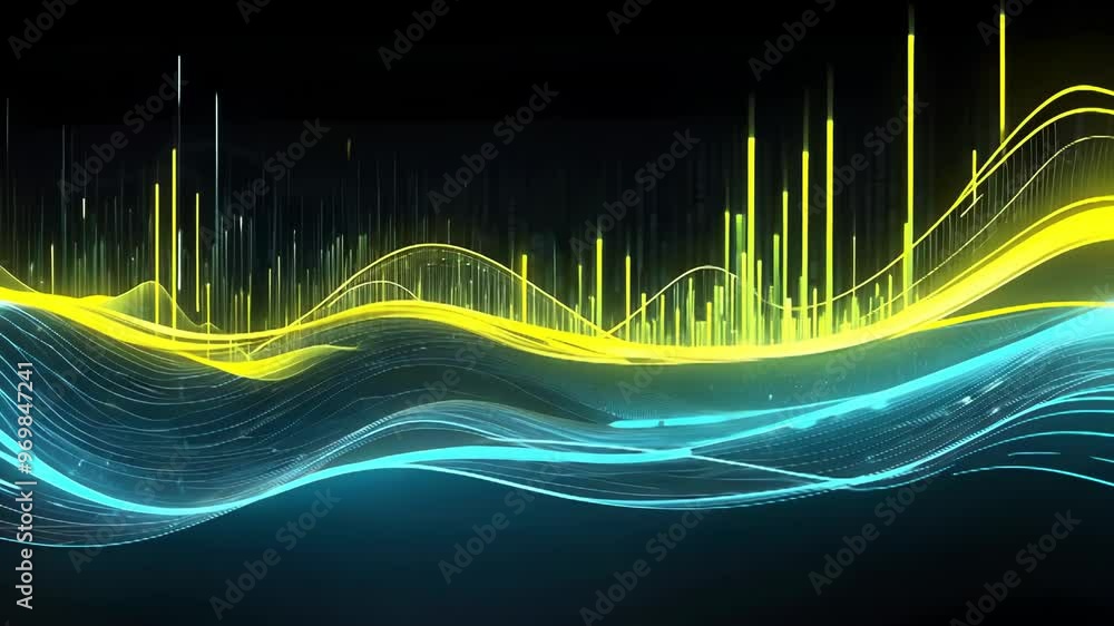 Poster a vibrant digital visualization of sound waves, showcasing dynamic movement and colors representing 
