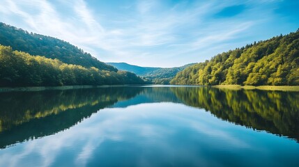 Fototapeta premium A tranquil stock photo of a calm lake surrounded by dense forest and rolling hills.
