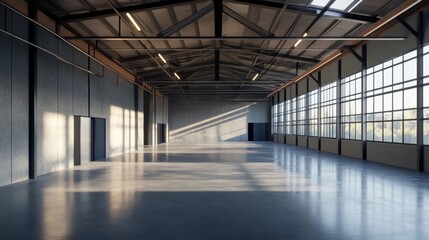 A large, empty warehouse with a lot of windows
