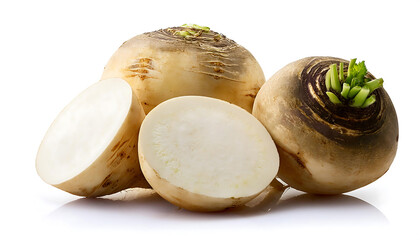 Whole and sliced rutabagas isolated on a white background, ideal for culinary, vegetable, and food themes