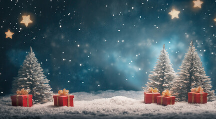 Christmas presents under under Christmas tree. Snowy winter day.