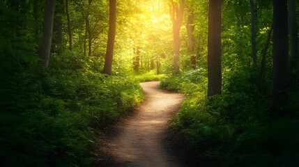 Obraz premium A serene stock photo of a narrow path winding through a dense, lush forest.