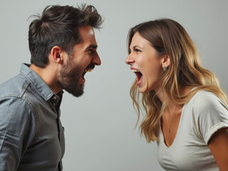 Man and woman aggressively shouting at each other during a verbal dispute, capturing emotional tension, stress, and relationship difficulties in an intense face-off.