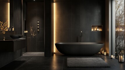 A black bathroom with a large bathtub and a black sink