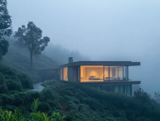 Fototapeta premium Modern House on a Misty Hillside with Warm Interior Lighting