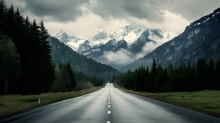 Fototapeta premium Road with pine trees and mountains in the background, nature s grandeur