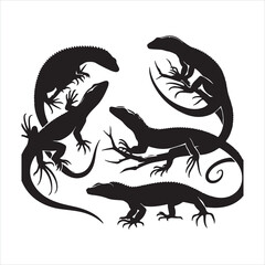 set of lizards black silhouette on white background
