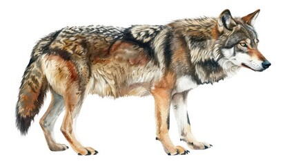 Obraz premium A realistic watercolor painting of a wolf standing on a white background. The wolf is facing to the right, and its fur is a mix of brown, gray, and black.