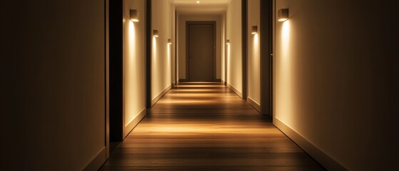 Fototapeta premium A long hallway with a light shining on the floor
