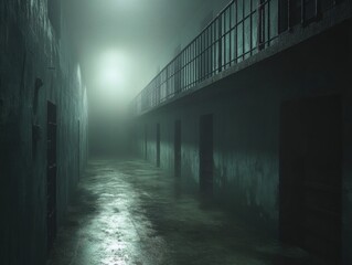 Fototapeta premium Foggy Prison Corridor with Bars and Doors