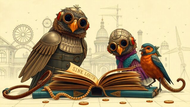 Aves leyendo un libro, estilo steampunk. 