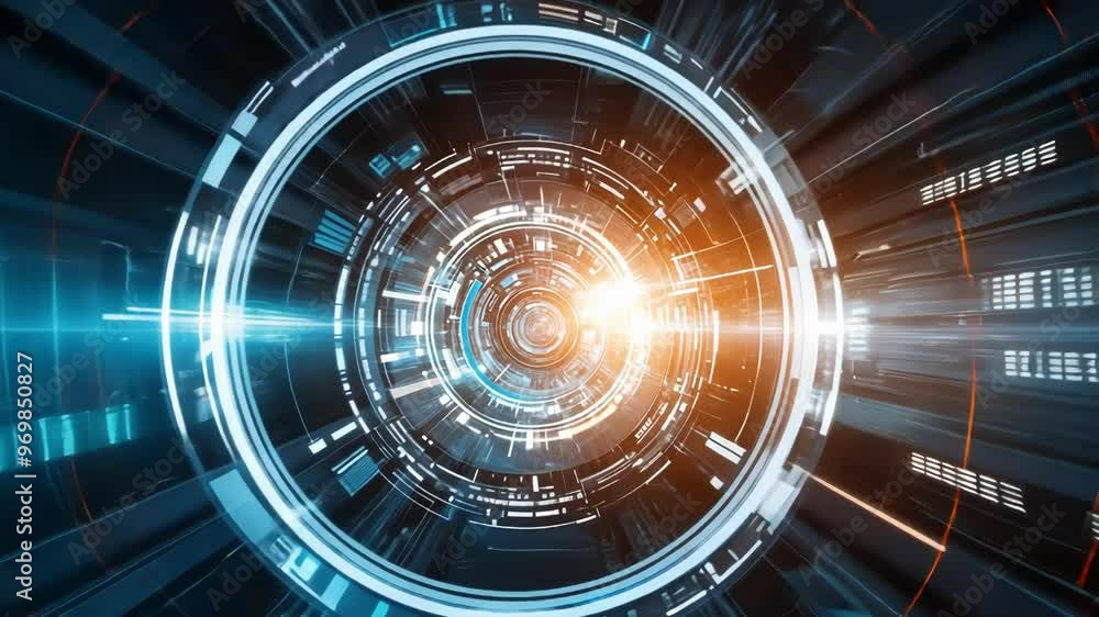 Poster a dynamic, abstract representation of futuristic technology with vibrant colors and circular pattern