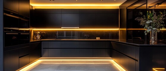 A kitchen with a black countertop and a black wall