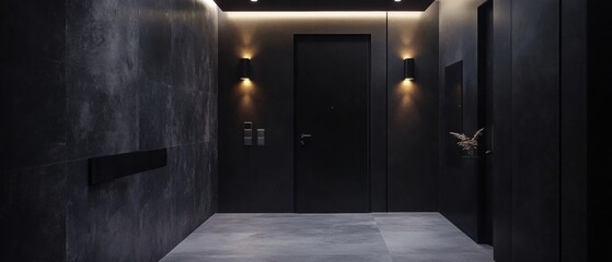 A black hallway with a black door and two light fixtures