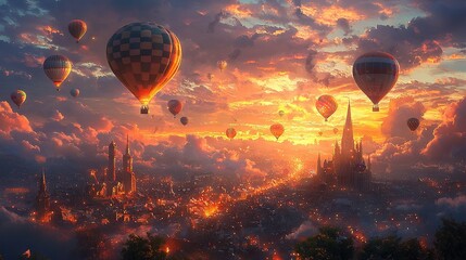 Naklejka premium A group of hot air balloons soaring above a city with a castle in the distance during sunset